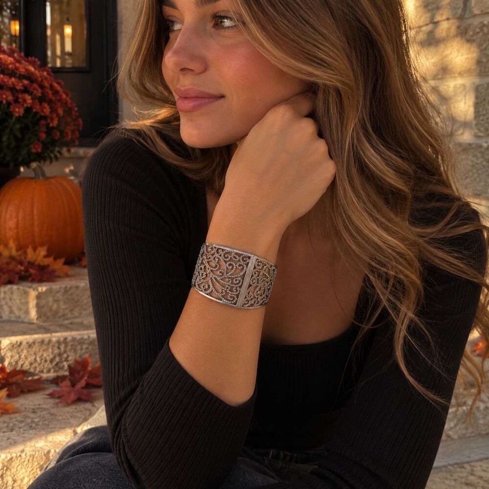 Silver Tone Filigree Wide Cuff Bracelet Womens 7 Inch Snap Bohemian Bangle